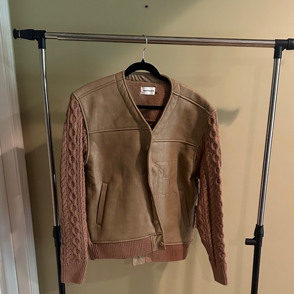 Tan Bomber Jacket with Cable Knit Sleeves